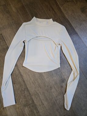 Women’s Cream Cutout Long-Sleeve Ribbed Top, SHEIN, Xs